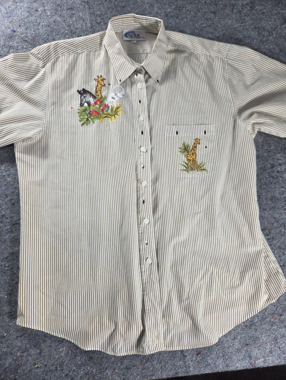 Vintage Las Olas Safari Giraffe Zebra Elephant Embroidered Shirt Womens L